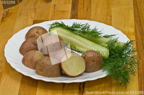 Image of Potatoes, salt cucumber and dill still-life