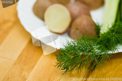 Image of Potatoes, salt cucumber and dill still-life