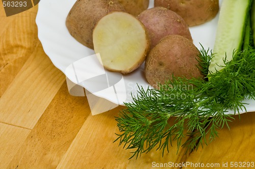 Image of Potatoes, salt cucumber and dill still-life