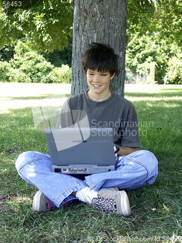 Image of teen and laptop,smiling