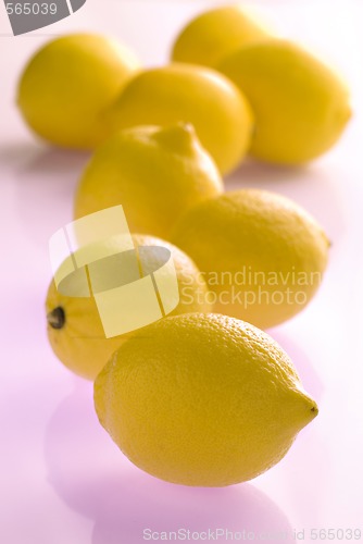 Image of lemons on violet reflecting background