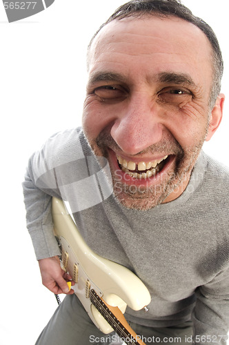 Image of middle age man  guitar player fish eye view