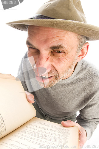 Image of middle age man adventure hat fish eye view