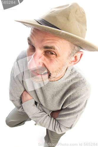 Image of middle age man adventure hat fish eye view