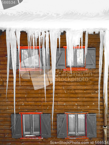 Image of Wooden windows with  ice stalactites