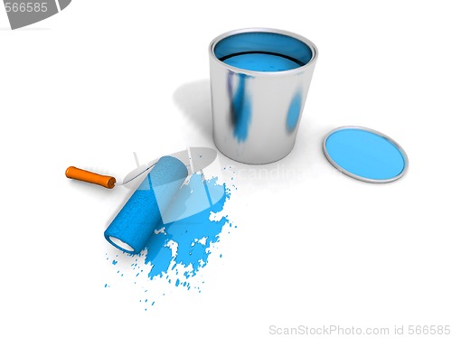 Image of paint roller, blue paint can and splashing