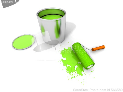 Image of paint roller, green paint can and splashing