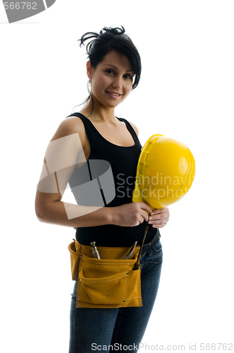 Image of pretty sexy female young construction worker