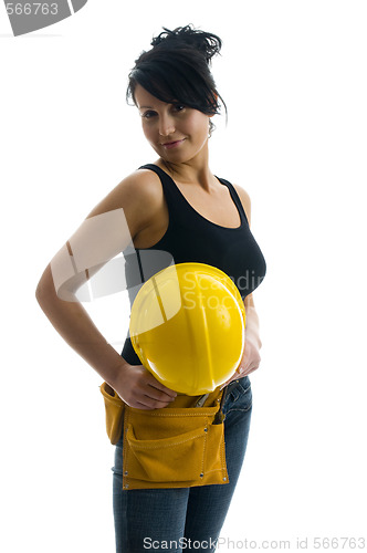 Image of pretty sexy female young construction worker