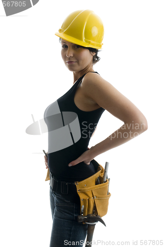 Image of pretty sexy female young construction worker