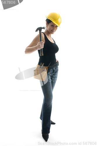 Image of pretty sexy female young construction worker