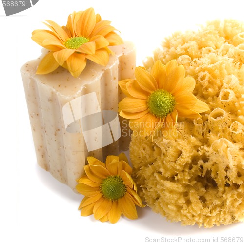 Image of natural sponge, soap and flowers