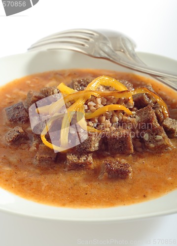 Image of Vegetable soup with buckwheat groats, paprika and toasts