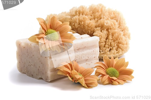 Image of natural sponge, soap and flowers