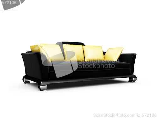 Image of Black couch with gold pillows over white