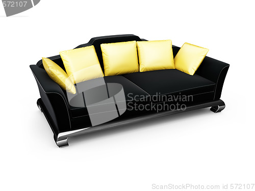 Image of Black couch with gold pillows over white