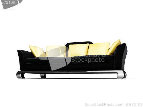 Image of Black couch with gold pillows over white