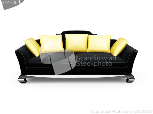 Image of Black couch with gold pillows over white