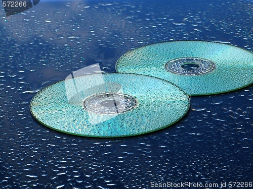 Image of CD and water drops over blue background