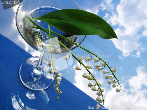 Image of lily of the valley in glass over blue sky