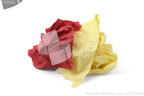 Image of piece of yellow and red toilet paper