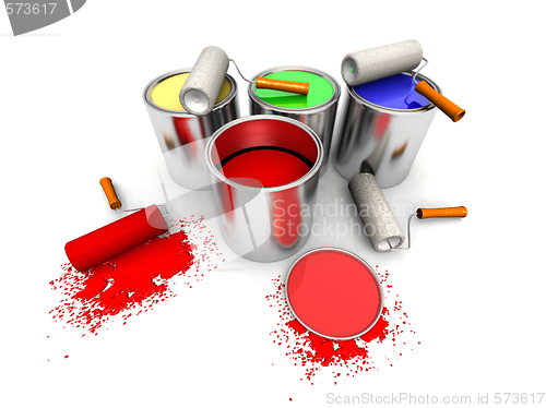 Image of roll painters, color cans and splashing