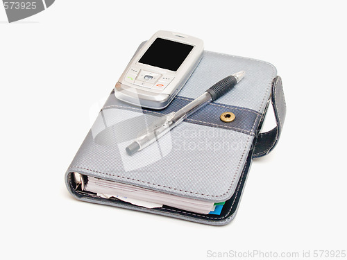 Image of Business tools - Pen diary and a cell phone