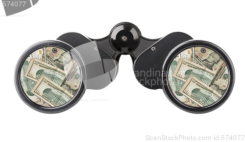 Image of isolated binoculars with money