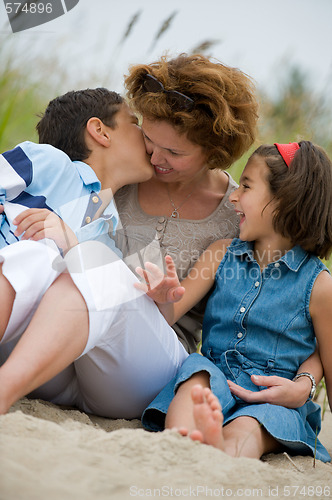 Image of Mother and kids on the beach
