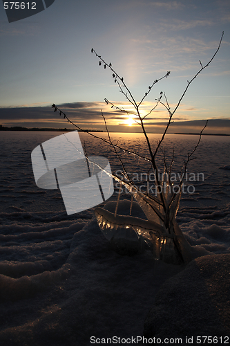 Image of Sunset over frozen lake