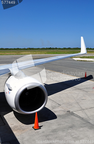 Image of Air transportation: Jet engine and wing detail