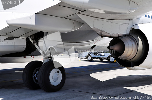 Image of Air transportation: Jet engine and landing gear detail