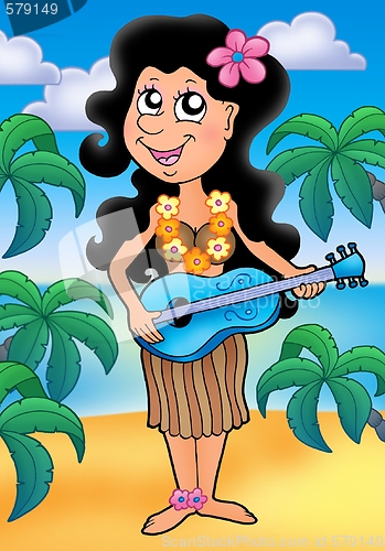 Image of Hawaiian musician girl on beach