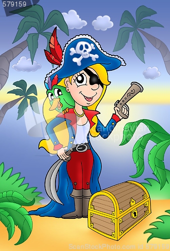 Image of Blond pirate women with treasure chest