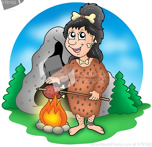 Image of Cartoon prehistoric woman before cave