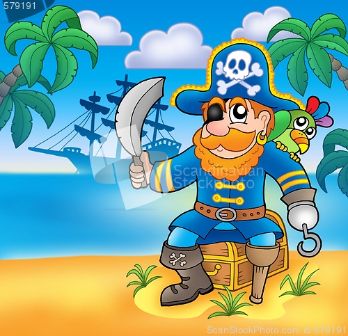 Image of Pirate sitting on chest with ship