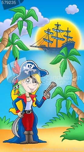 Image of Pirate woman with parrot and boat