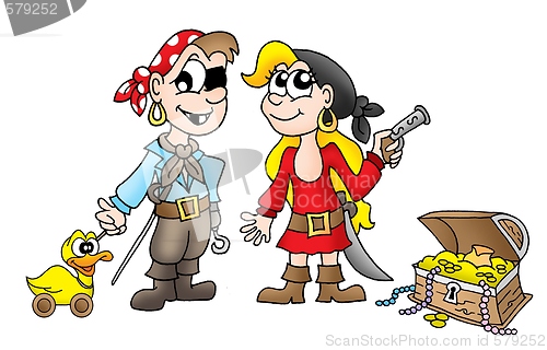 Image of Pirate kids with duck and treasure