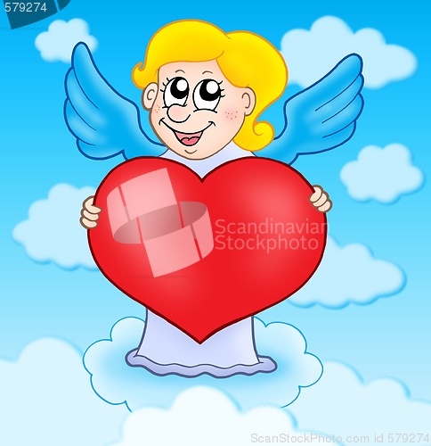 Image of Cupid holding heart on sky