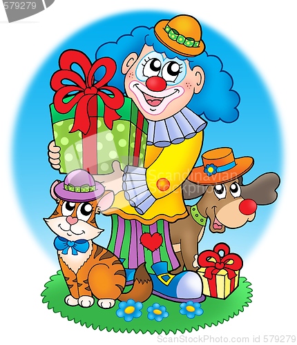 Image of Circus clown with pets