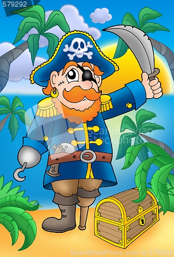 Image of Pirate with sabre and treasure chest