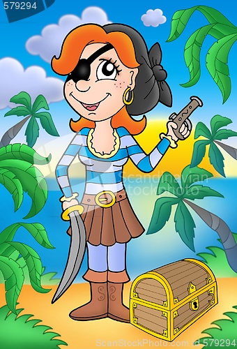 Image of Pirate woman with pistol and treasure chest