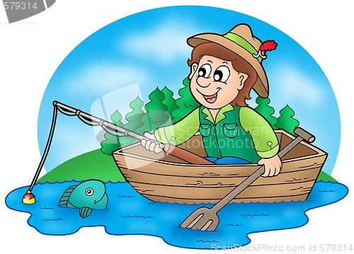 Image of Fisherman in boat with trees