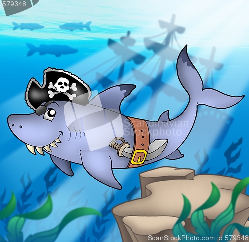 Image of Cartoon pirate shark with shipwreck