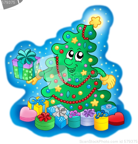 Image of Happy Christmas tree on blue sky