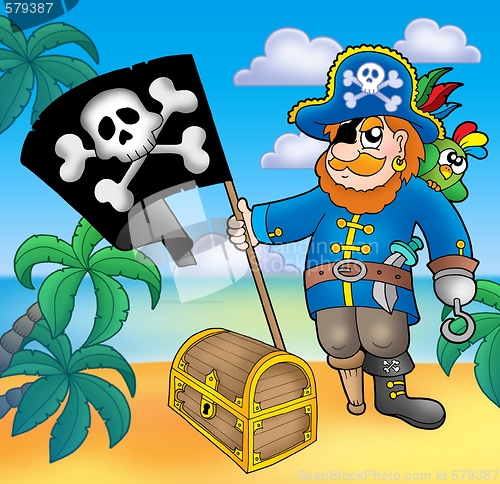 Image of Pirate with flag on beach