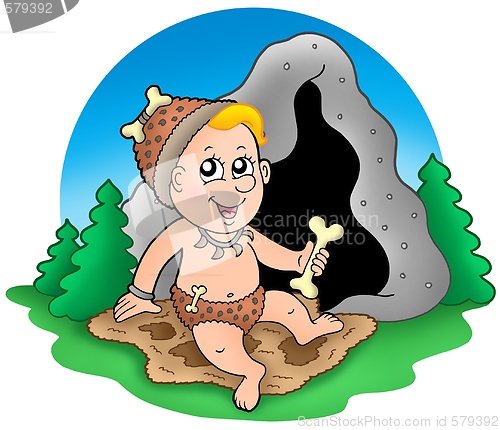 Image of Cartoon prehistoric baby before cave