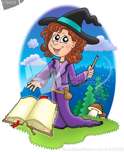 Image of Cute witch with wand and book