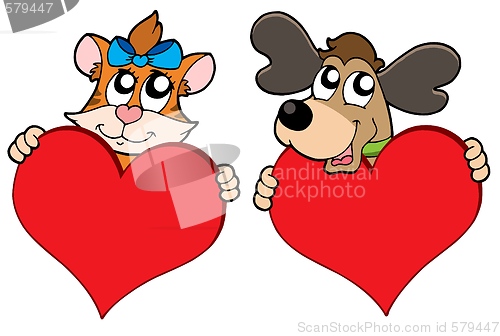 Image of Cute cat and dog with red hearts