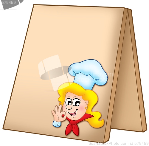 Image of Menu board with cartoon chef woman